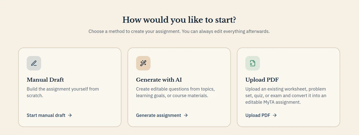 MyTA new assignment screen with three options: Manual Draft, Generate with AI, and Upload PDF