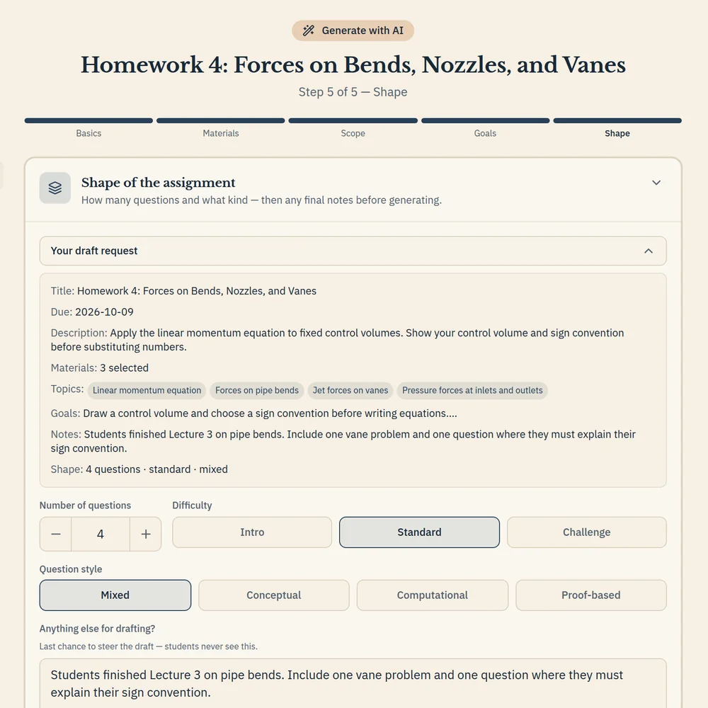 Generate with AI, step 5 of 5: number of questions, difficulty, question style, and a note to steer the draft