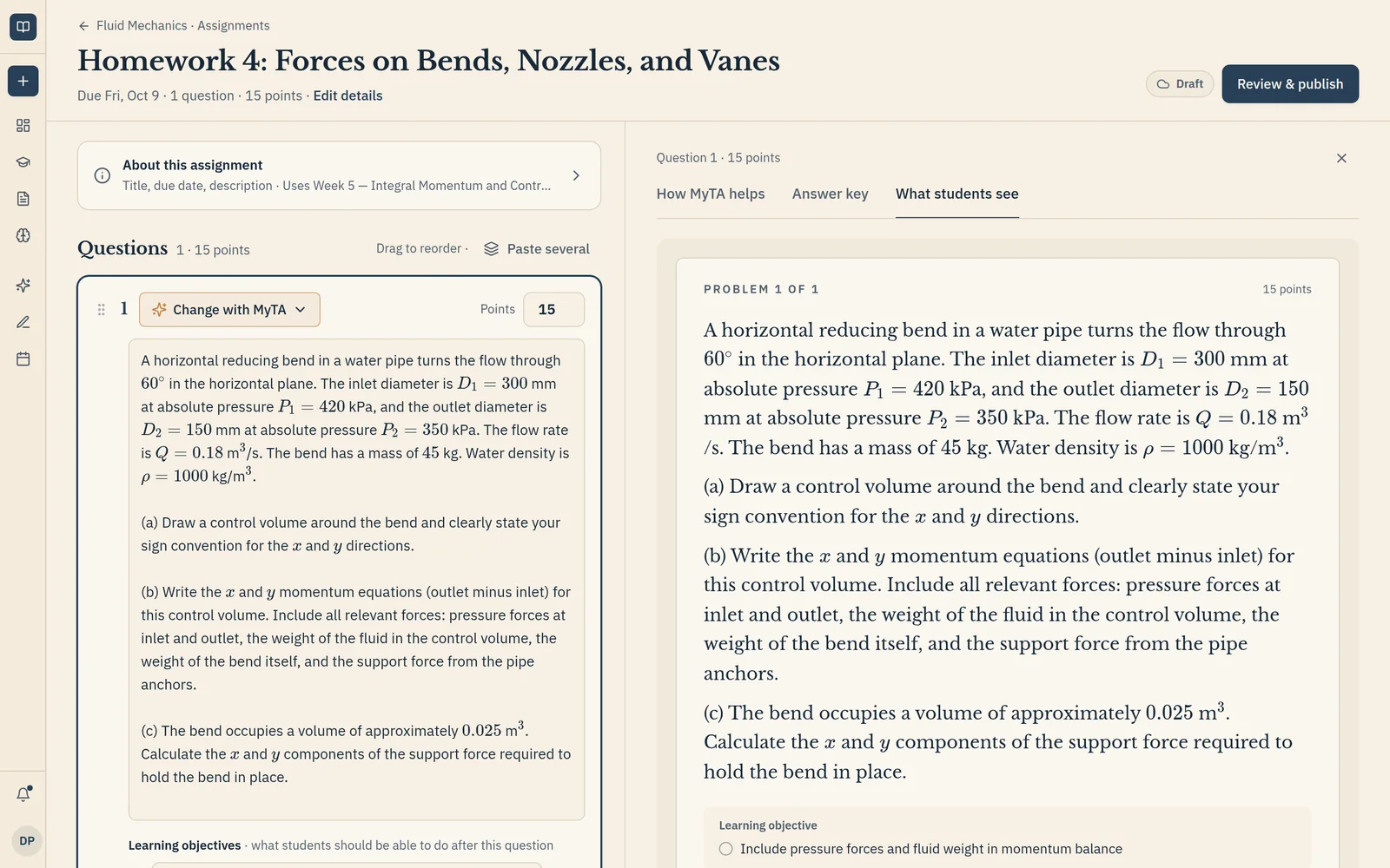 Assignment builder showing a question's source on the left and a rendered preview of what students will see on the right