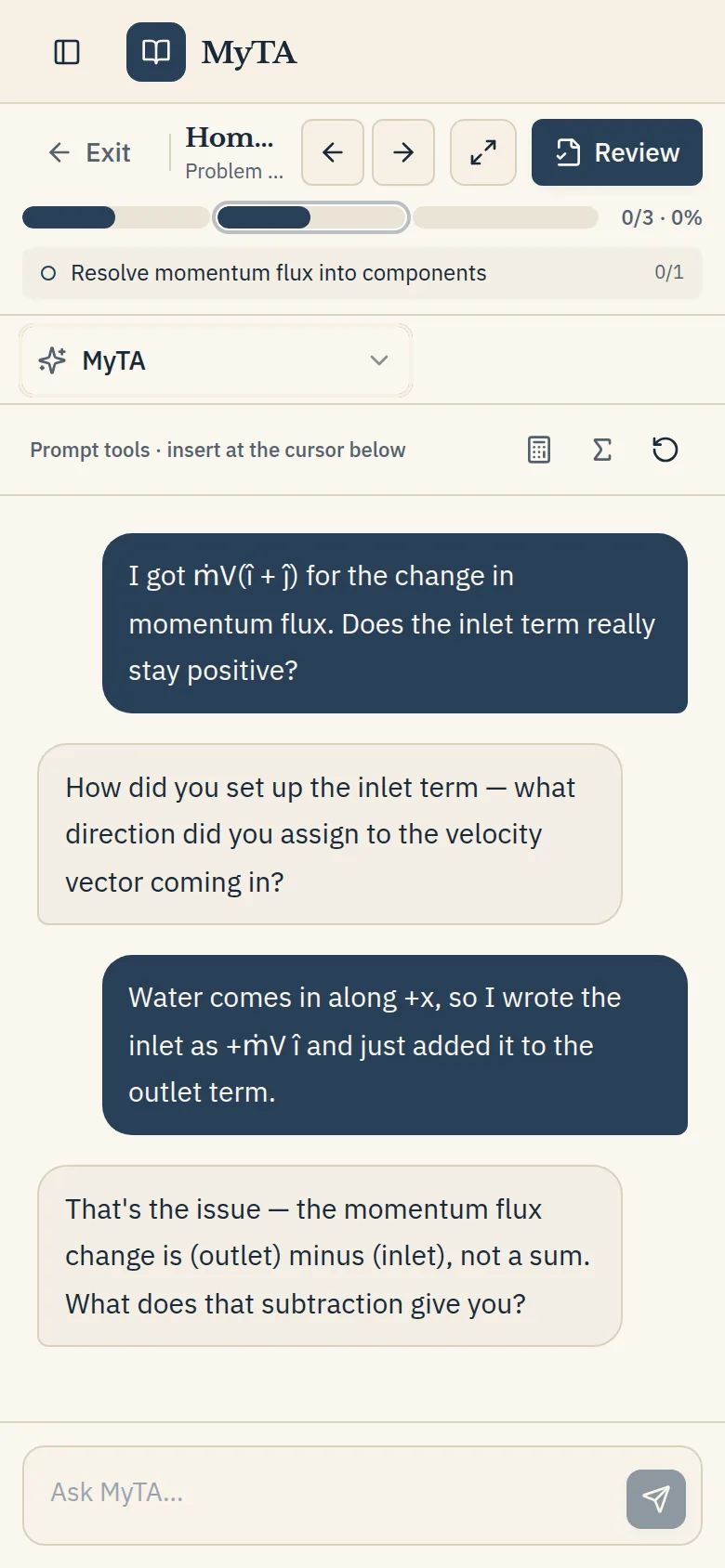 MyTA conversation about a sign mistake in a momentum balance