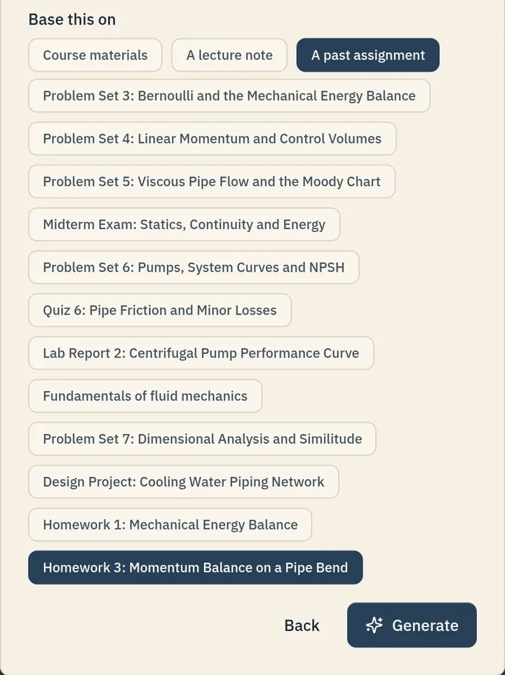 New practice problems form with A past assignment selected and Homework 3: Momentum Balance on a Pipe Bend chosen