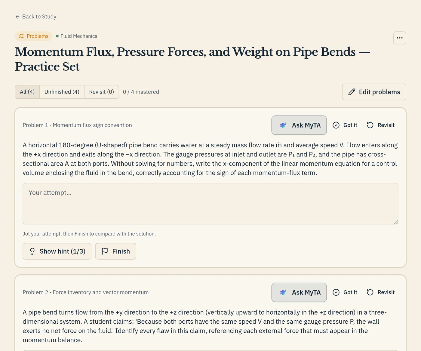 Practice set generated from Homework 3 on momentum flux, pressure forces, and weight on pipe bends