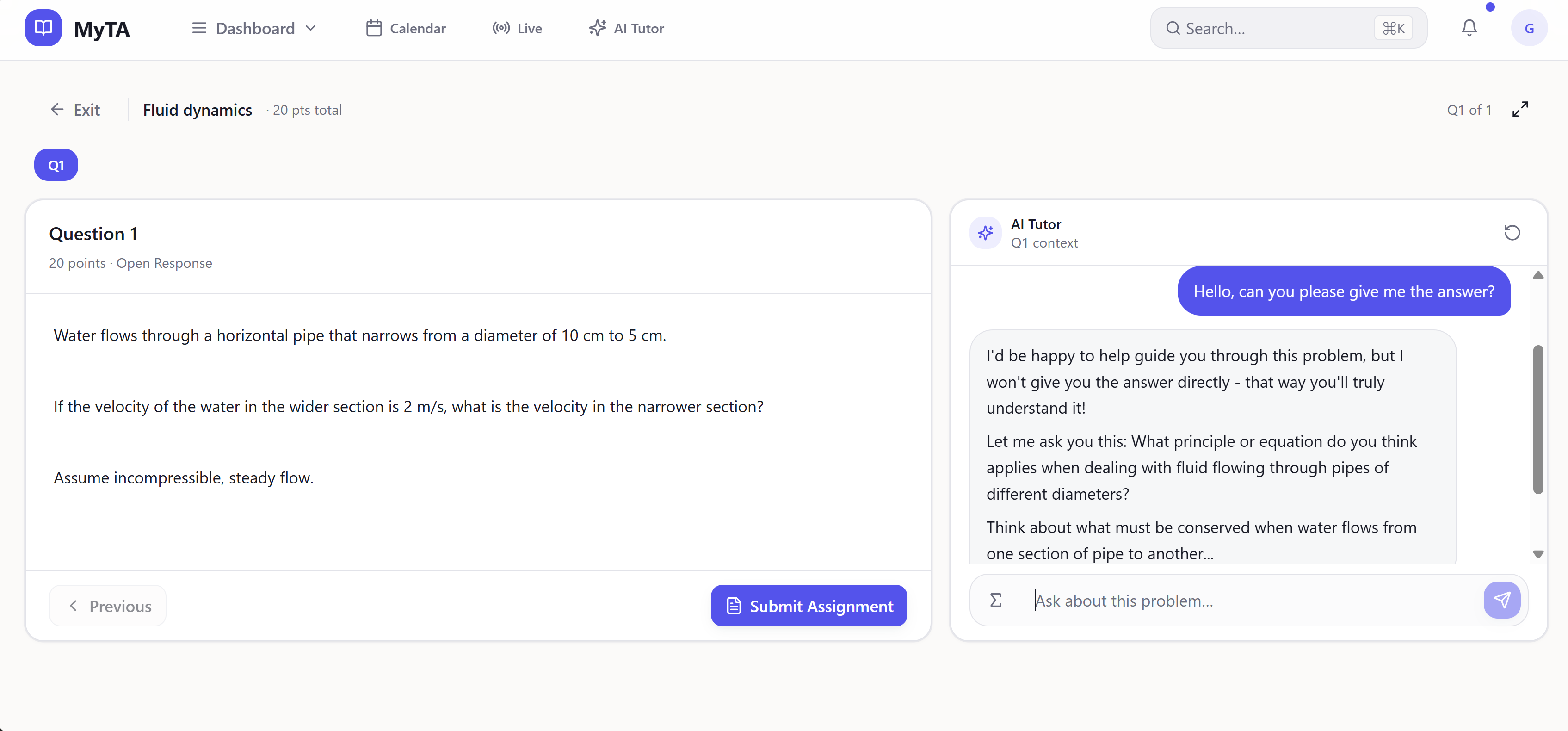 MyTA assignment screen showing an AI Tutor beside a homework question.